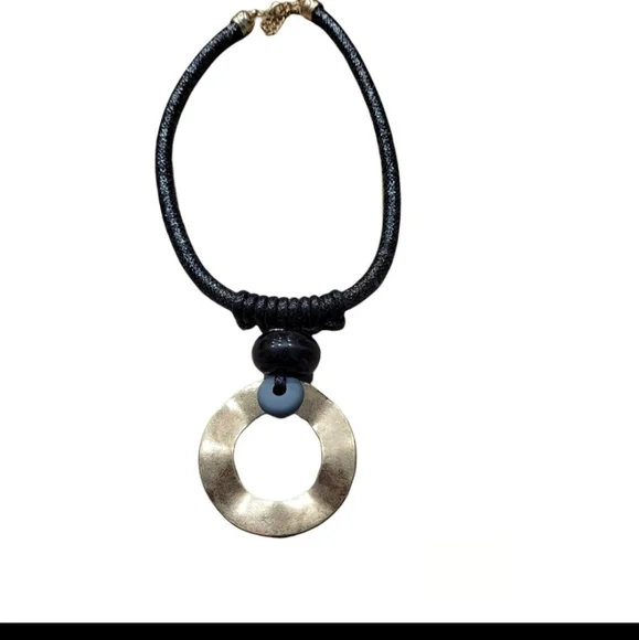 Black rope necklace with gold medal, black, and gray circle. - Picture 1 of 6
